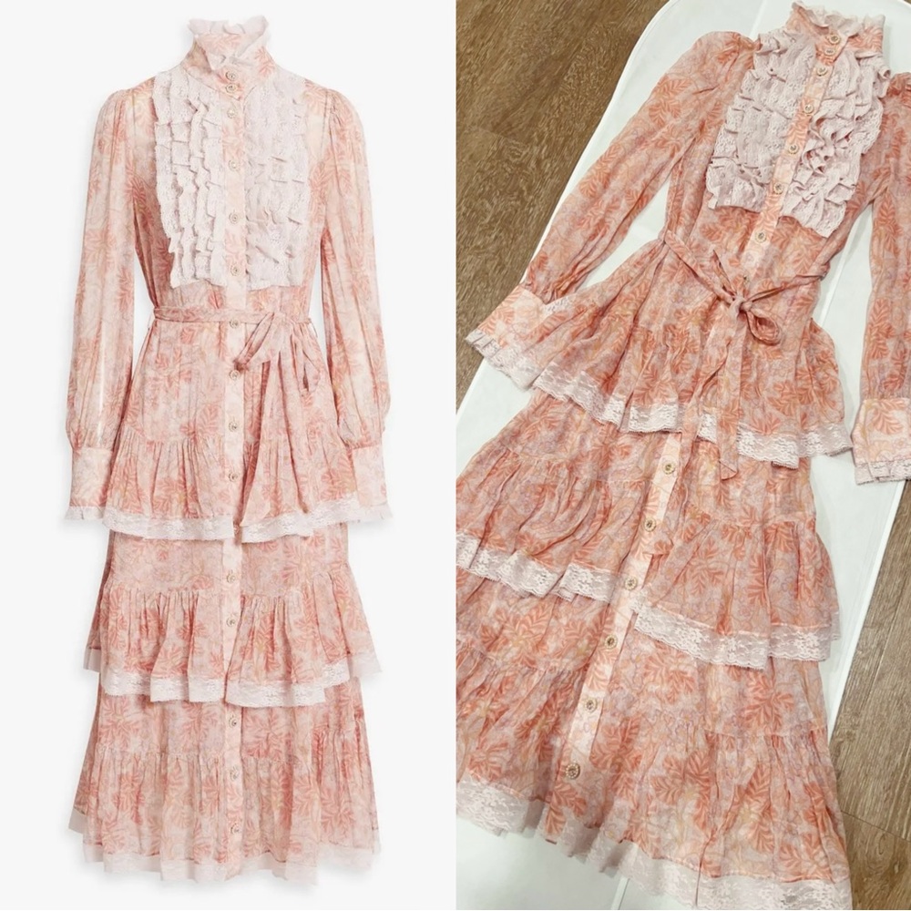 NWT AU0 ZIMMERMANN Lace-Trimmed Ruffled Georgette Midi Dress